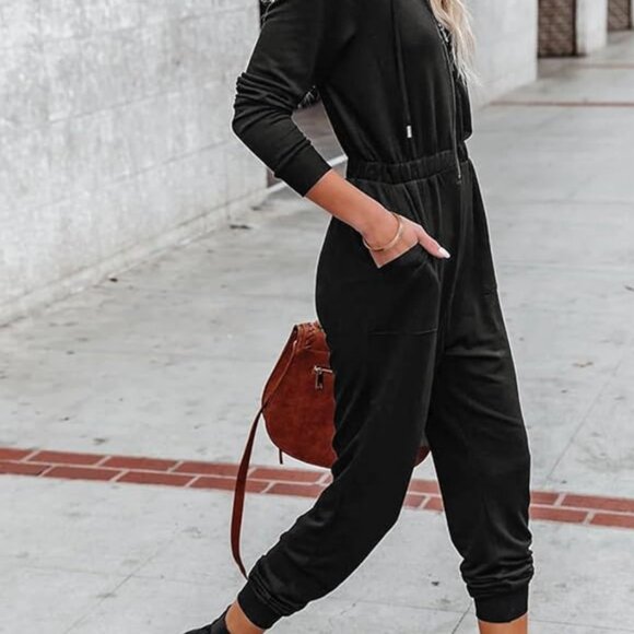 Black Long-Sleeve Hooded Zip-Up Jumpsuit with Cinched Ankles | Size XL - Picture 3 of 7